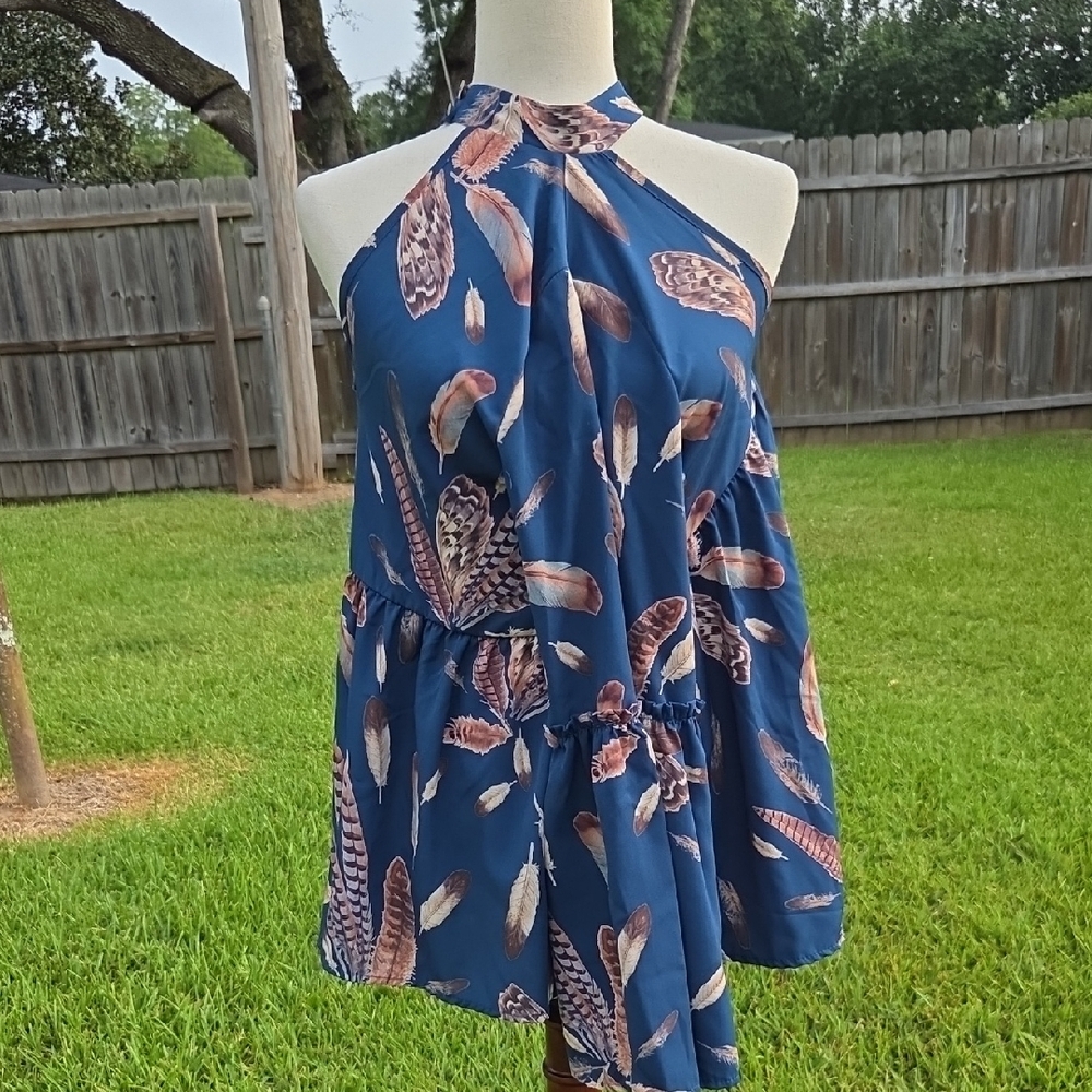 Peach Love Blue Feather Print Halter Top